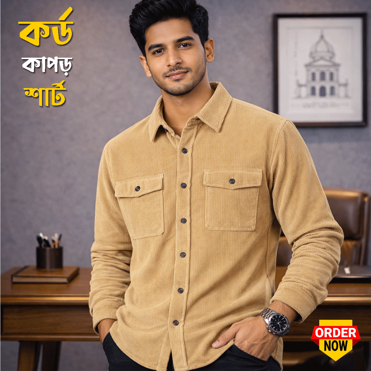 1 Pcs Cord Full Sleeve Shirt - Golden